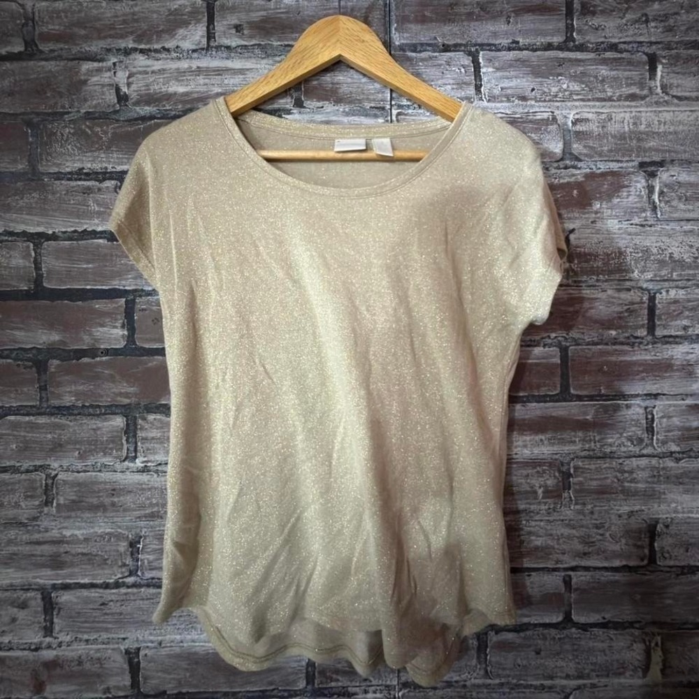 Chico's Top Women Size 1 Gold Shimmer Short Sleeve Metallic Blouse